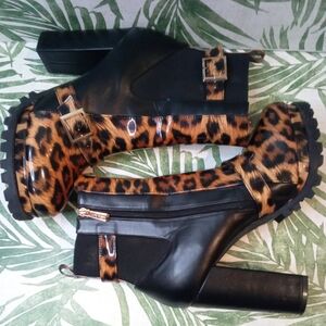 Cape Robbin Garnet leopard print heeled combat boots with gold buckles. Size 11
